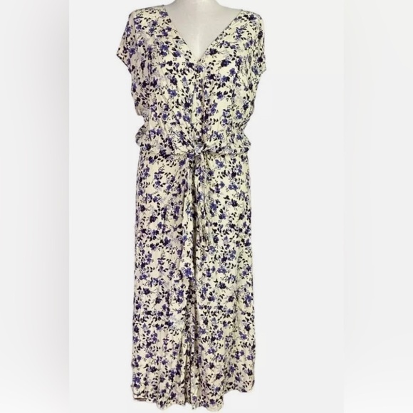 Ellos Plus Size Floral Tie Front Maxi Dress Yellow Blue Rayon Cap Sleeves Sz 20W - Picture 1 of 10